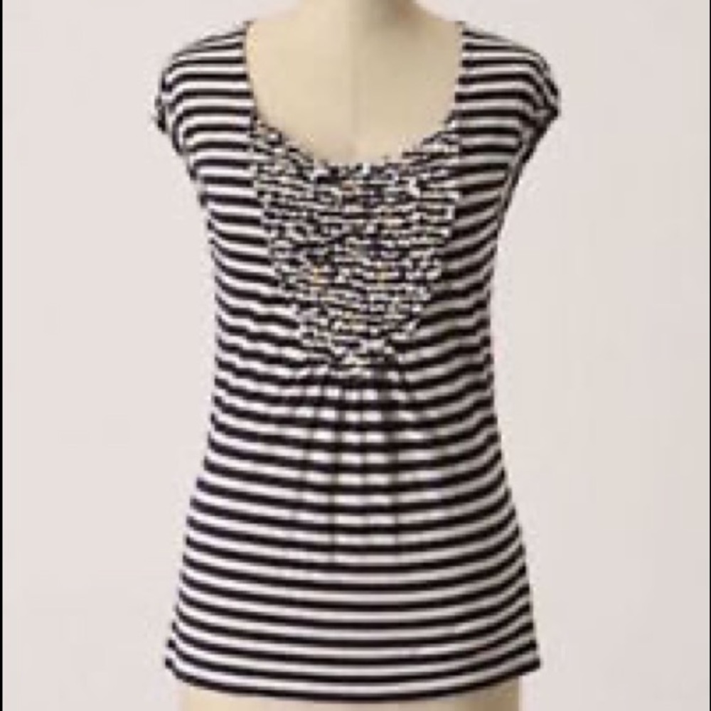 Anthropologie Green and Cream Striped Ruffle Front Cap Sleeve Top